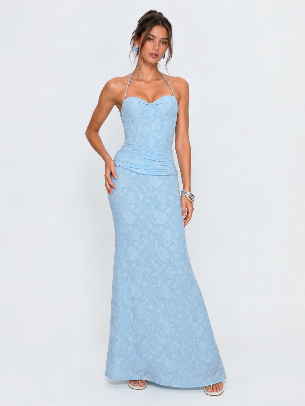 Princess Polly Powder Blue Halter Lace-Up Maxi Dress